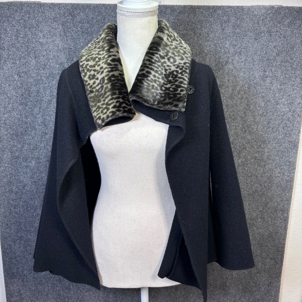Peck & Peck Collection Black 100% Wool Leopard Faux‎ Fur Collar Jacket Mens M
